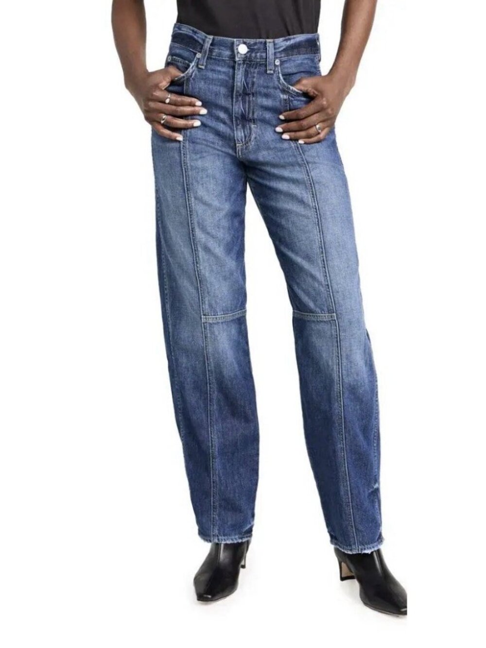 AMO Solid Blue Patsy Seamed Jeans Denim Enchanted Wash High Rise Relaxed 24